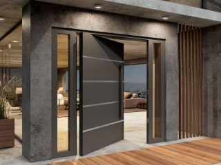 Pivot door from Alugate with sleek design, anodised aluminium handle, and modern architectural setting, showcasing customizable options for home entrances.