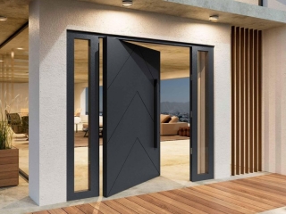Pivot door with geometric design, featuring a sleek black finish, side glass panels, and modern entrance setting, showcasing customizable options for enhancing home entrances.