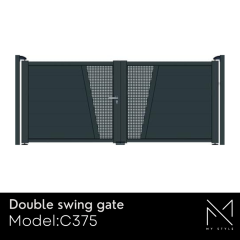 Double swing gate, model C375, featuring modern design with mesh panels, part of My Style aluminium gate range, customizable and durable for fencing solutions.
