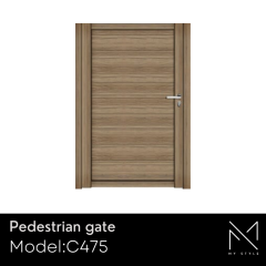 Pedestrian gate model C475 from the My Style aluminium gate range, featuring a wood grain effect and modern design, emphasizing customization options and durability.