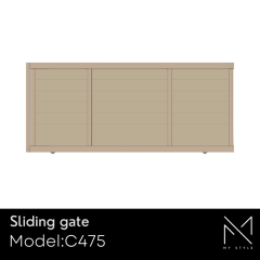 Sliding aluminium gate model C475 from the My Style range, featuring a modern design with horizontal slats, emphasizing durability and customization options.