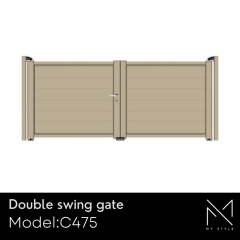 Double swing aluminium gate model C475, featuring a modern design, suitable for the My Style range, showcasing customizable options and durable construction.