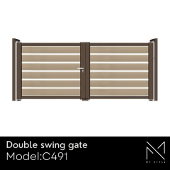 Double swing gate model C491 from My Style aluminium gate range, featuring a modern design with horizontal slats and a durable finish, emphasizing customization options for fencing solutions.
