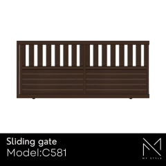 Sliding aluminium gate model C581, featuring a modern design with vertical slats and a durable wood grain effect finish, part of the My Style collection by Aluminium Gates Direct.