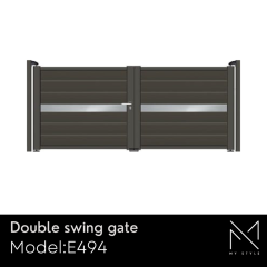 Double swing gate, model E494, featuring a modern design with horizontal slats and a sleek silver accent, part of the My Style aluminium gate collection by Aluminium Gates Direct.