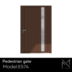 Aluminium My Style pedestrian gate model E574 in wood grain effect with stainless steel accent, showcasing modern design and customizable options.