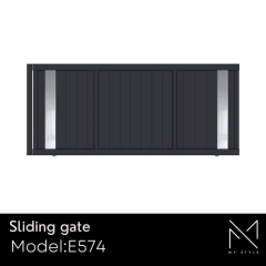 Sliding aluminium gate model E574 from the My Style collection, featuring a modern design with vertical slats and sleek side panels, showcasing customization options for contemporary fencing solutions.