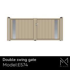 Double swing gate, Model E574, featuring a modern design with vertical slats and metallic accents, showcasing the My Style aluminium gate collection by Aluminium Gates Direct.