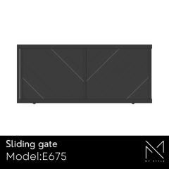Sliding aluminium gate Model E675 from the My Style range, featuring a modern design with diagonal patterns, suitable for various fencing needs.