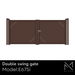 Double swing aluminium gate, model E675i, featuring a modern design with a dark wood grain effect, showcasing the My Style collection by Aluminium Gates Direct.