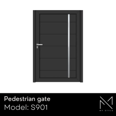 Pedestrian gate model S901 from My Style collection, featuring a modern design with vertical paneling and a sleek handle, emphasizing durability and customization options.