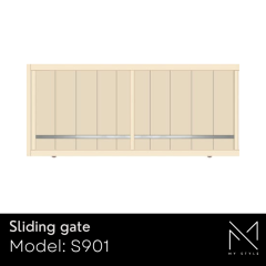 Sliding aluminium gate model S901 in a light beige finish, featuring modern design elements and a sleek horizontal profile, showcasing the My Style collection by Aluminium Gates Direct.