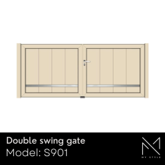 Double swing aluminium gate, model S901, featuring a modern design with vertical slats and a central locking mechanism, showcasing the My Style collection from Aluminium Gates Direct.